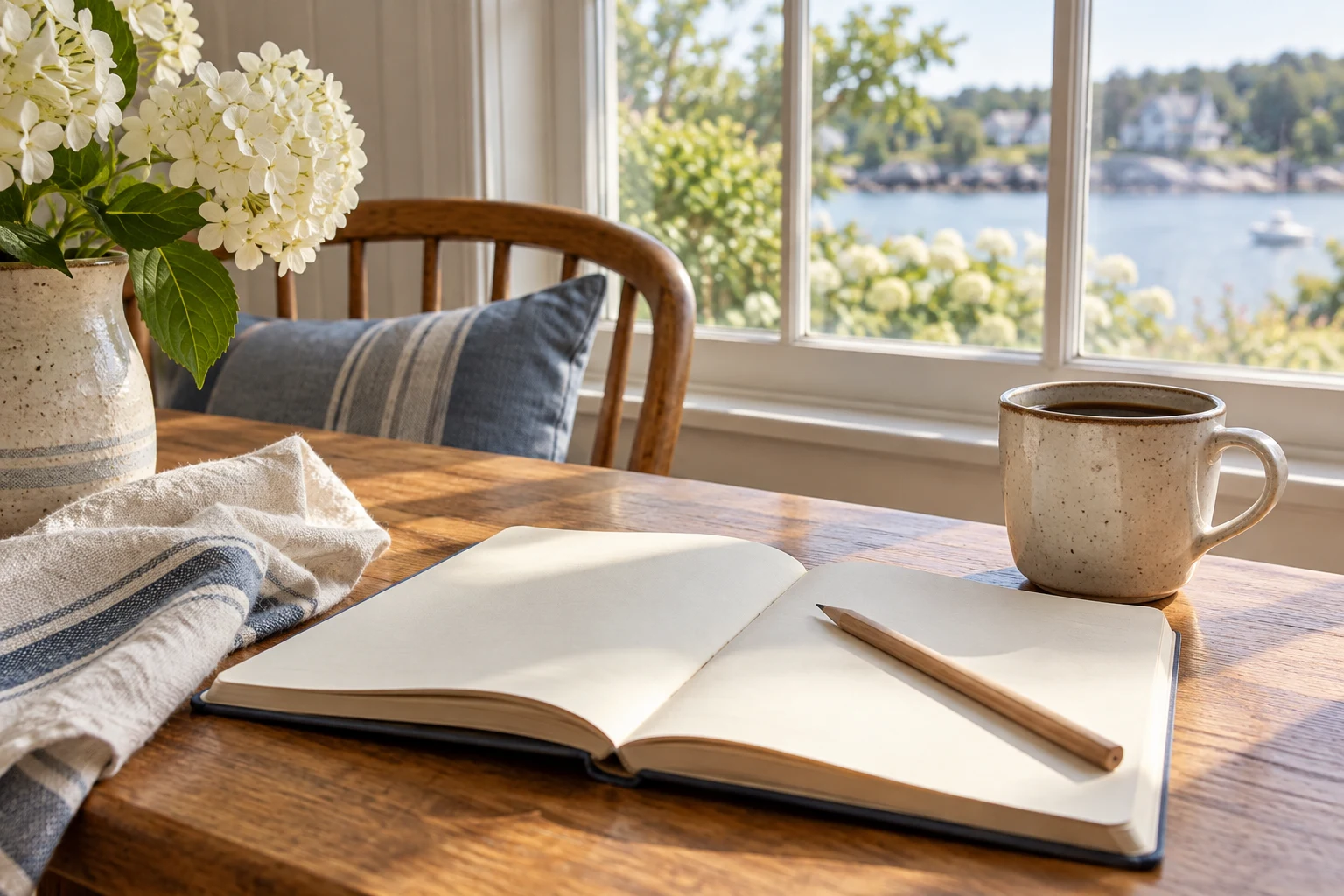 An open notebook and pencil on a sunlit oak table