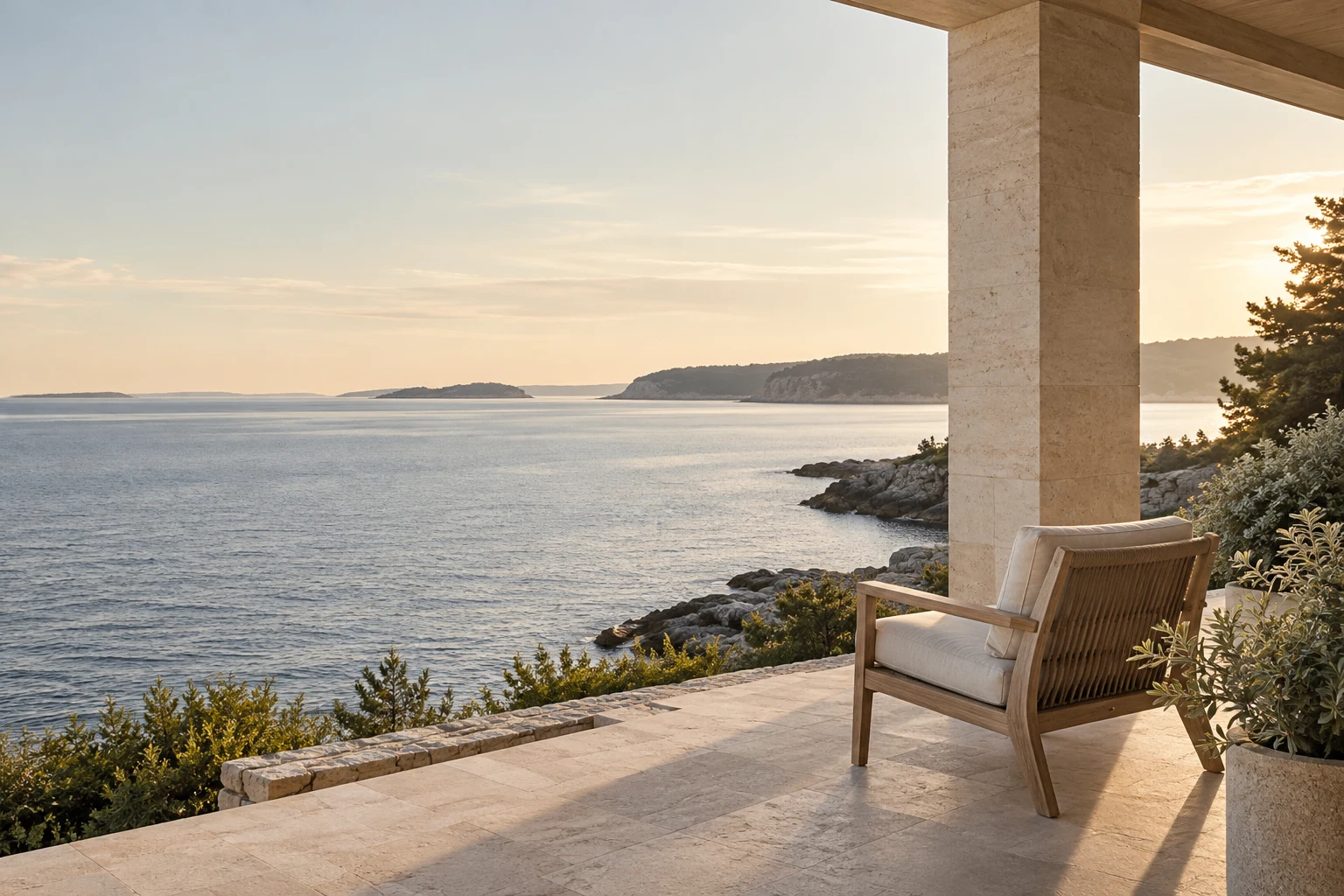 Warm coastal light falling across a quiet New England terrace