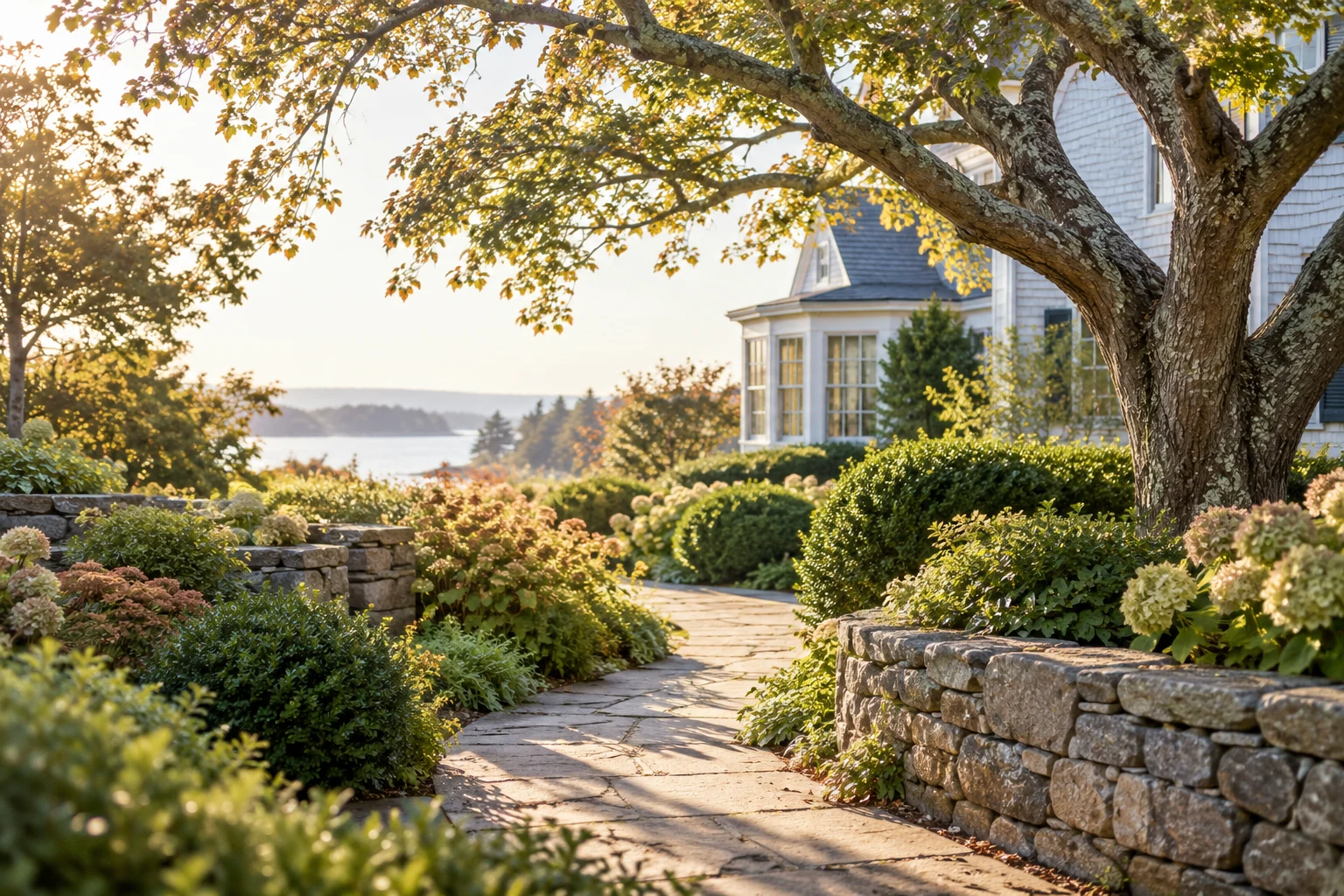 A gentle garden path alongside a New England home