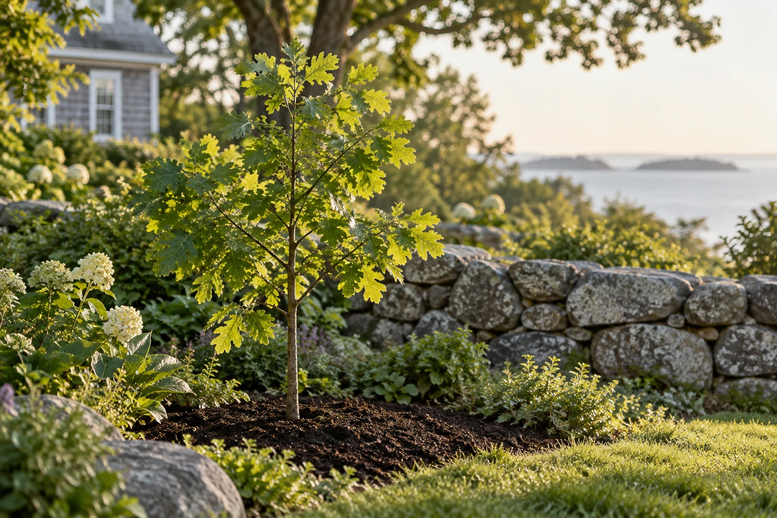 A young oak tree growing in a quiet New England garden