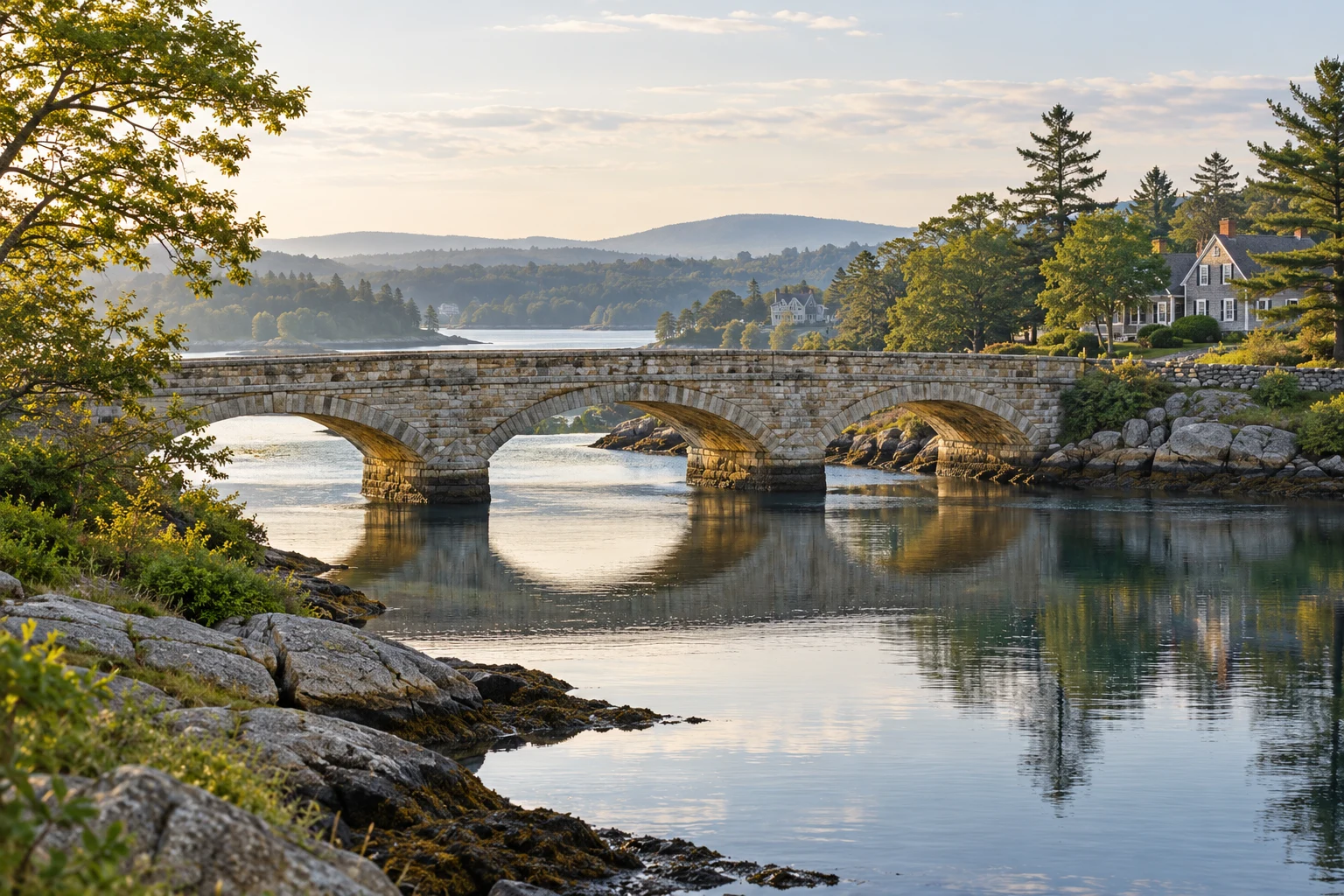 A timeless stone bridge crossing a peaceful New England river