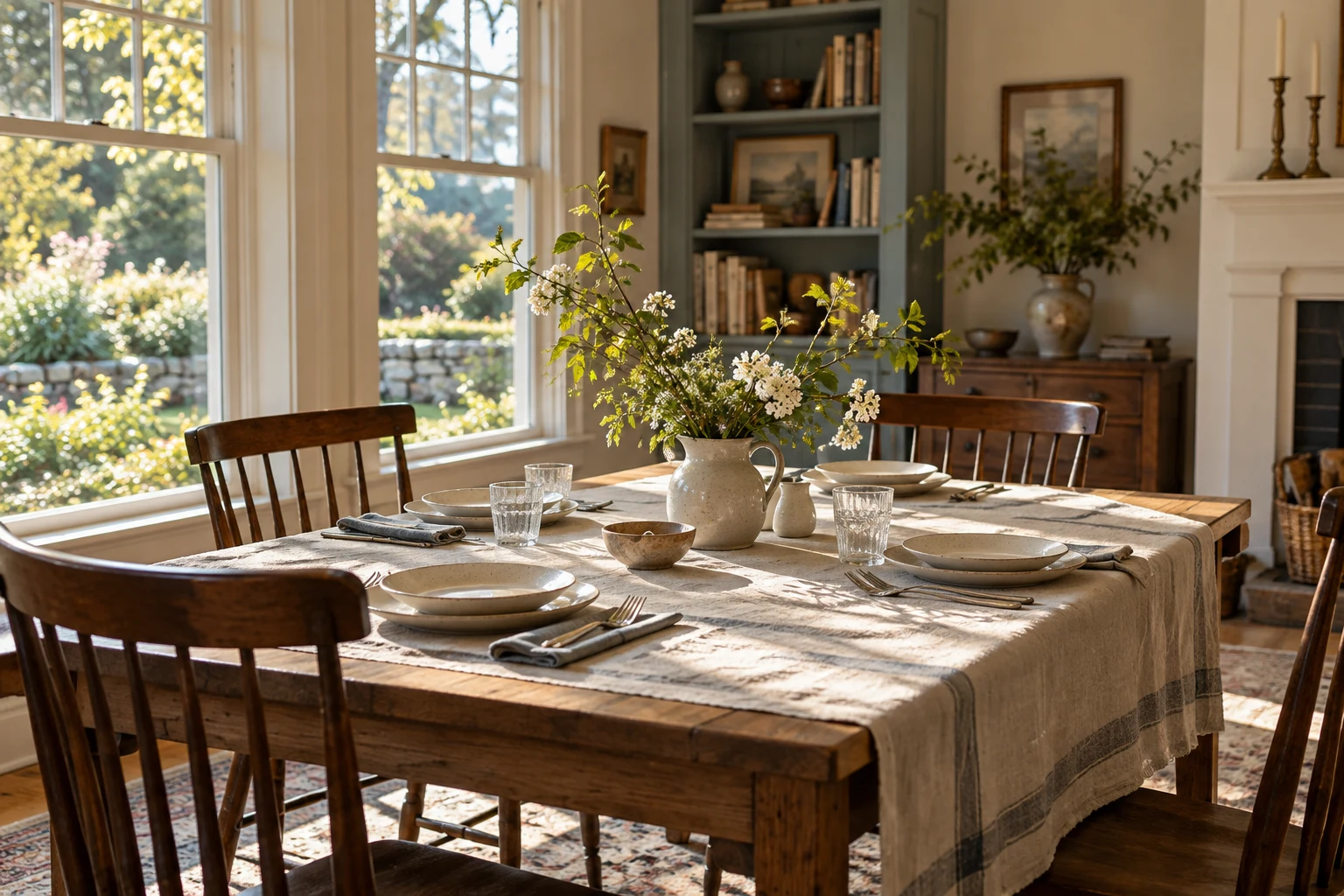 A family dining table set with simple ceramics and garden branches