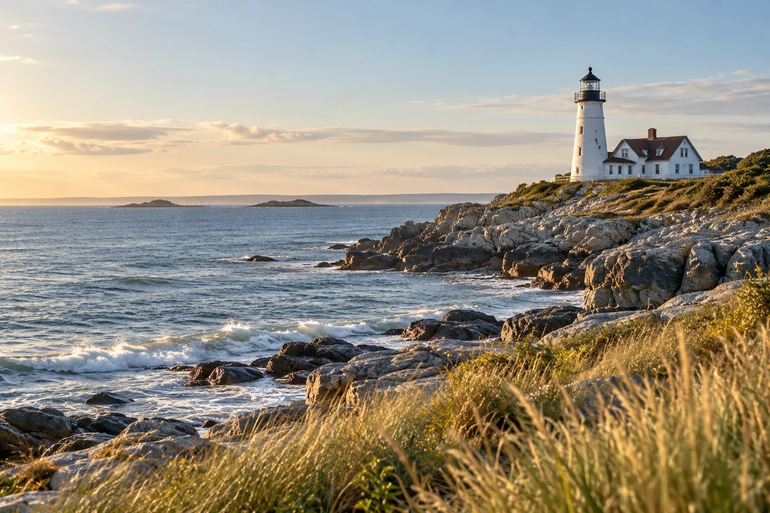 A coastal lighthouse overlooking calm Atlantic waters