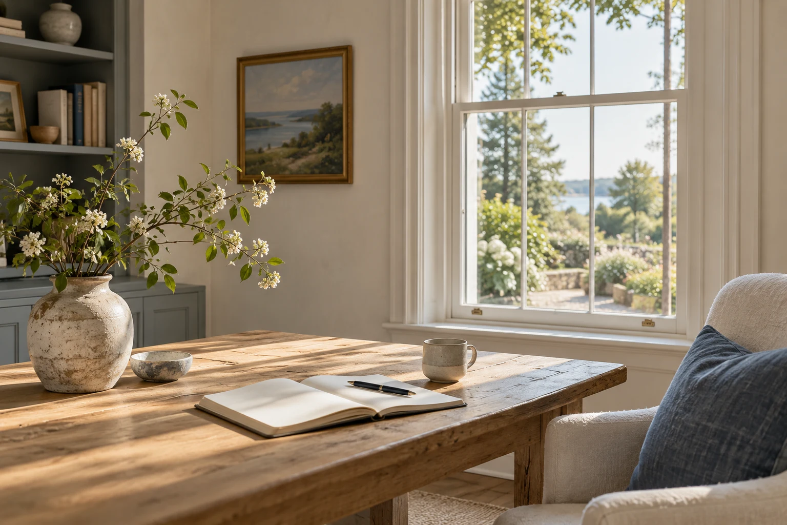 Natural light across a quiet study, notebook and garden view